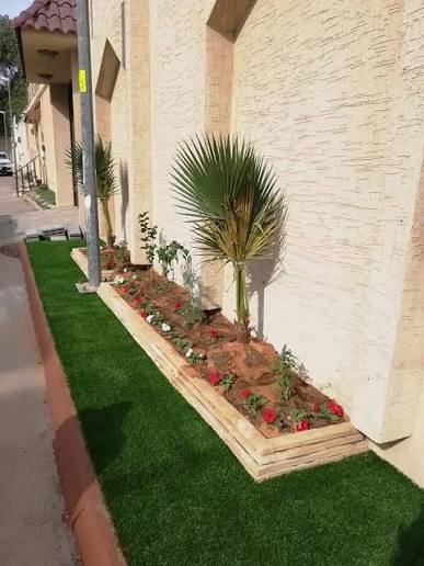 شريط زراعي بجانب واجهة فيلا بنخيل وورود حمراء وحدود خشبية